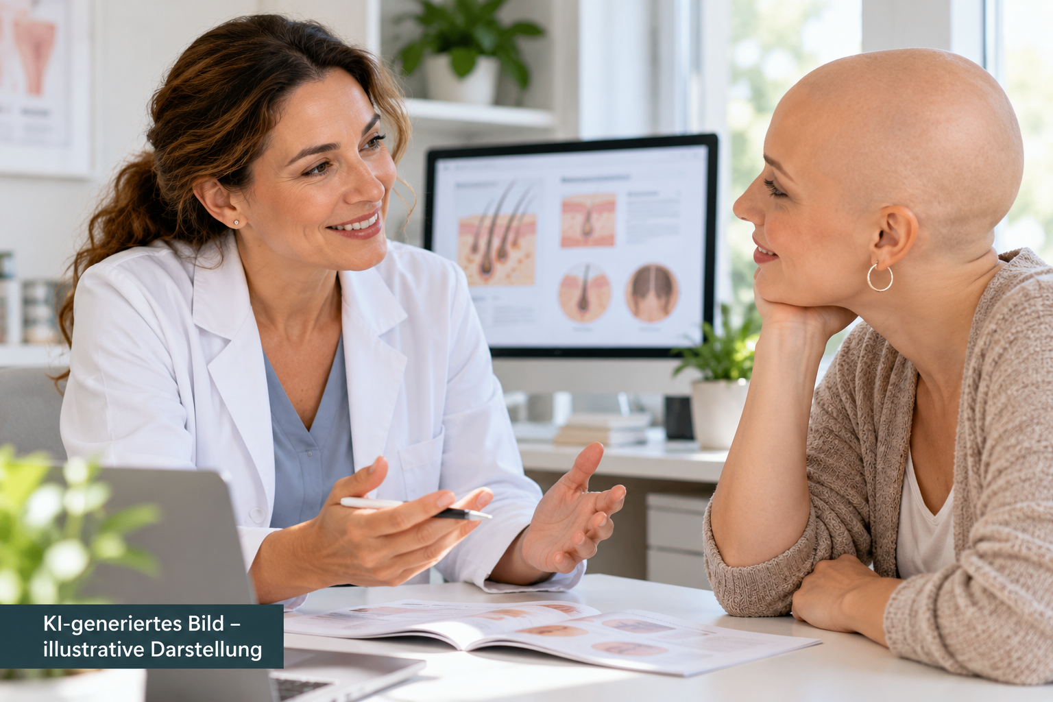KI-generierte Darstellung einer dermatologischen Beratung zwischen einer Ärztin und einer Frau ohne Kopfhaar.